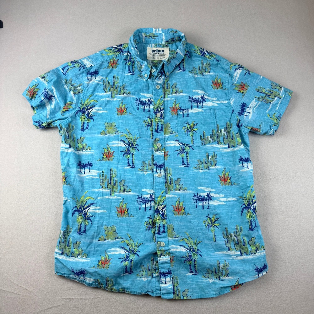 Urban Pipeline Mens XL Blue Tropical Cactus Palm Tree Short Sleeve Button Down